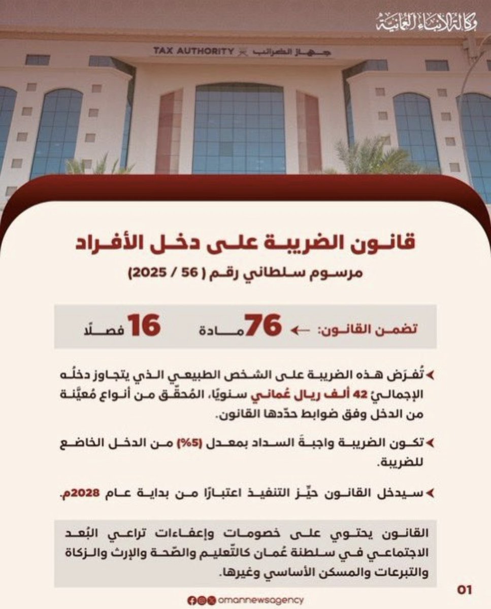 جلالة السلطان المعظّم يصدر مرسومًا سلطانيًا ساميًا بإصدار قانون الضريبة على دخل الأفراد.

#السلطان_هيثم_بن_طارق