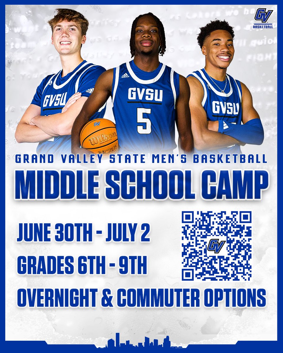 GVSU Men's Basketball (@gvsubasketball) on Twitter photo Register today for our Middle School Camp from June 30th - July 2nd! Signup at the link below ⤵️
register.ryzer.com/camp.cfm?sport…
#AnchorUp | #LetsGetThisWork Register today for our Middle School Camp from June 30th - July 2nd! Signup at the link below ⤵️
register.ryzer.com/camp.cfm?sport…
#AnchorUp | #LetsGetThisWork