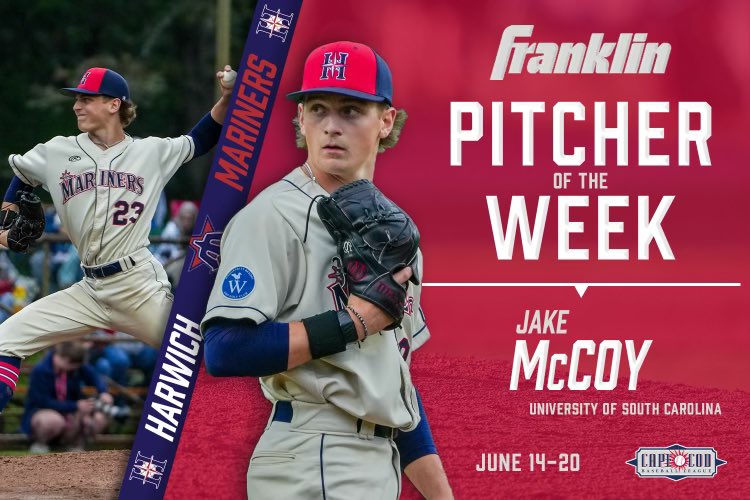 OfficialCCBL's tweet photo. Cape Cod Baseball League 
@FranklinSports Pitcher of the Week ⭐️ 
(June 14-June 20)

Jake McCoy, LHP
(@HarwichMariners, @GamecockBasebll)
8.1 IP, 5 H, 1 R, 0 ER, 17 K https://t.co/Kwm2p8E5AG