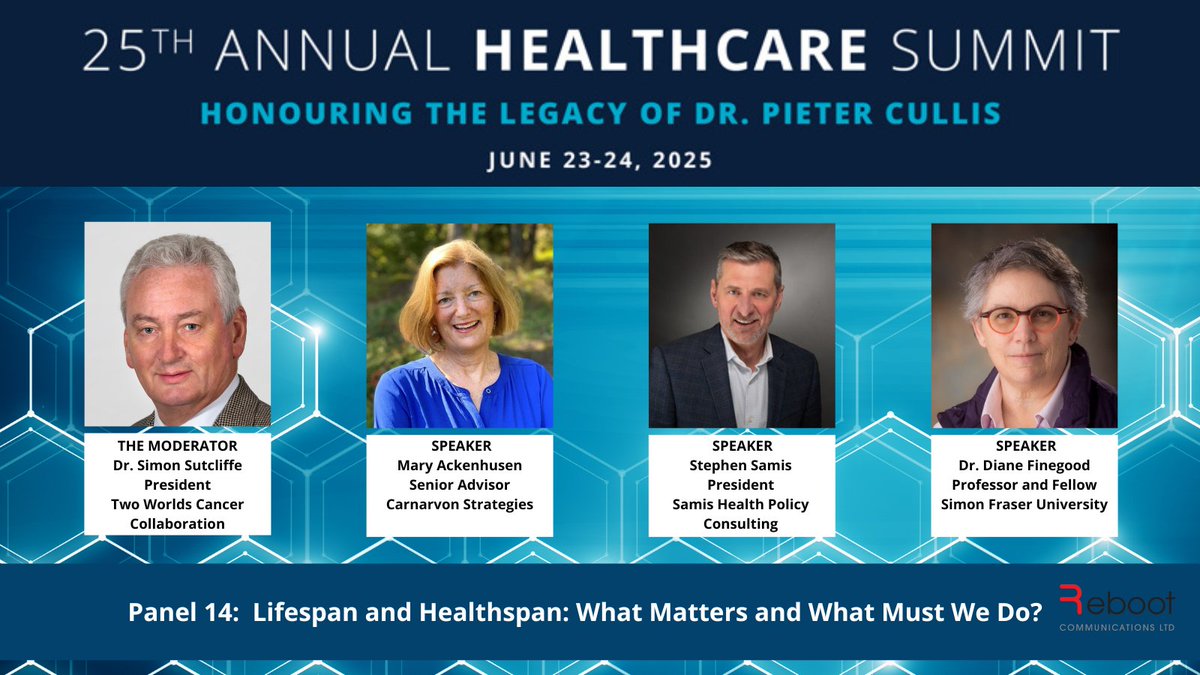📢 Panel: "Lifespan &amp; Healthspan: What Matters and What Must We Do?"  Join us at #HCS25 in Vancouver! 

📅June 23–24, 2025 
🎟️Register: healthcaresummit.ca 

Let’s reimagine healthcare to help Canadians live longer and better.   #Longevity #HealthyAging
