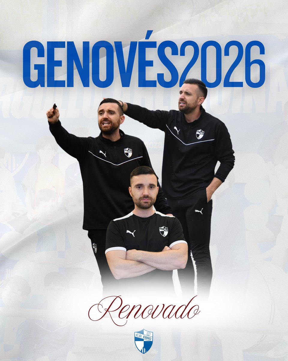 👨‍✈️ 𝐑𝐄𝐍𝐎𝐕𝐀𝐃𝐎

<a href="/Genoves_J/">Javier Genovés</a> seguirá un año más liderando al CD Ebro ⚪️🔵

Nos devolvió la ilusión,
nos devolvió a 2ª RFEF,
nos devolvió a donde merecemos estar 🚀 

#OrgulloArlequinado