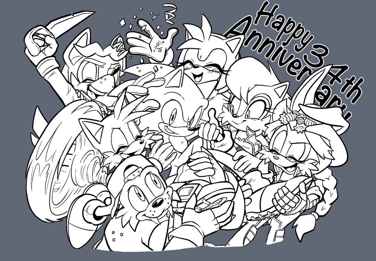 JadePesky's tweet image. Happy 34th B-day to the blue rat! 🎊🎉
As promised, this is a color collab!
Lineart: sta.sh/0u67gzabi53
In the comments is a color guide to help you distinguish the characters 💖

#SonicTheHedeghog #archieSonic #SonicBirthday2025 #SallyAcorn #tails #amyrose #freedomfighters