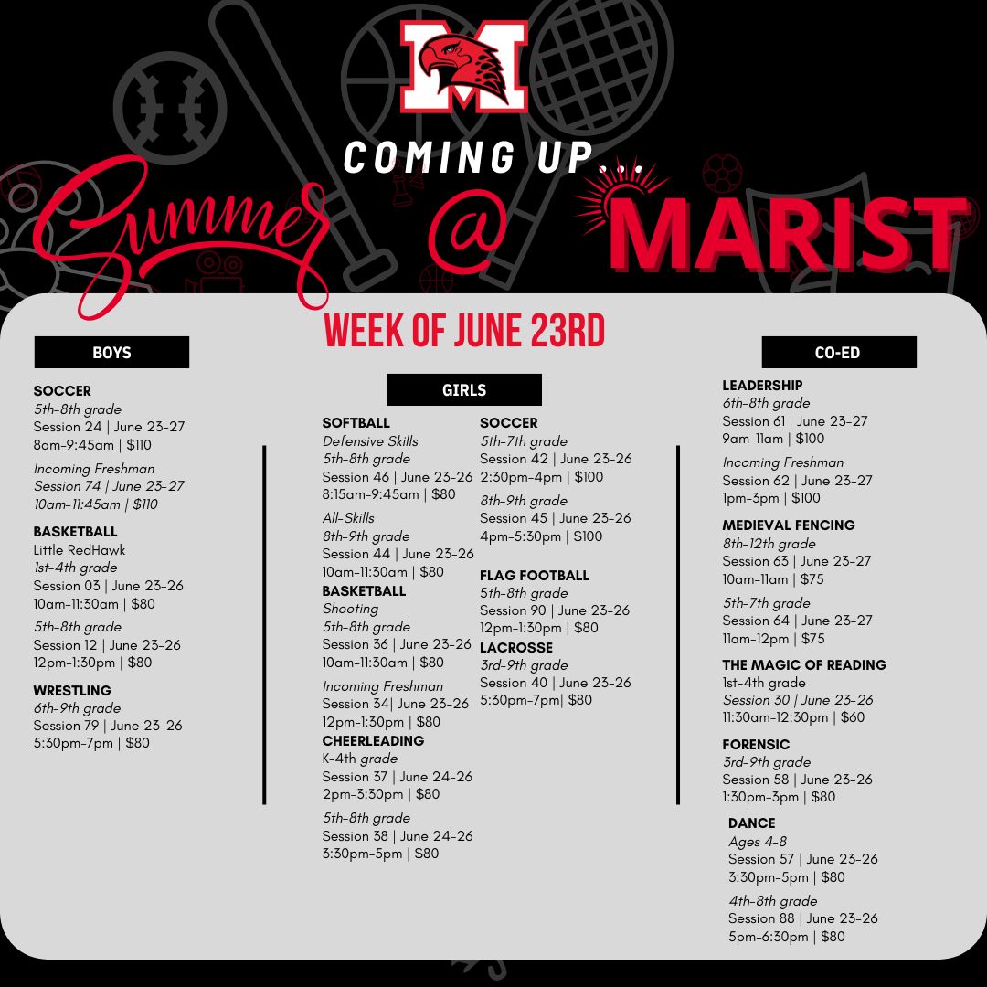 🏃‍♂️🏀⚾ Busy week ahead at Marist with 20+ summer camp sessions in full swing, but there's still time to join the fun; Spots open in select camps! ☀️ Even more sessions open next week. Don’t miss out!
📲 Register now: marist.net/athletics/summ…
