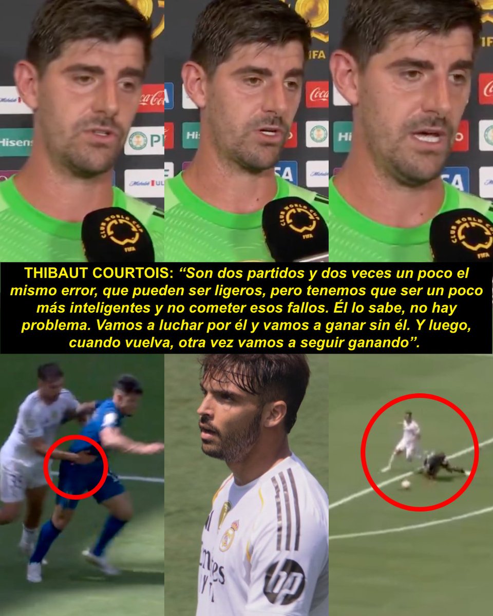— THIBAUT COURTOIS (DAZN): "Son dos partidos y dos veces un poco el mismo error, que pueden ser ligeros, pero tenemos que ser un poco más inteligentes y no cometer esos fallos. Él lo sabe, no hay problema. Vamos a luchar por él y vamos a ganar sin él. Y luego, cuando vuelva,