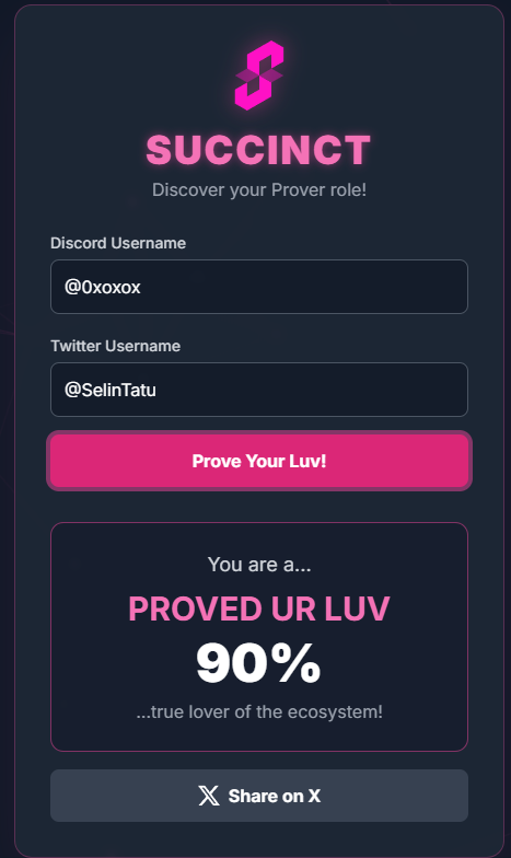 I am 90% a PROVED UR LUV! ✨

I've proved my luv for the Succinct ecosystem. Discover yours!

Great app <a href="/serkankels/">serkan</a> 👏

#PROVEDURLUV #Succinct #SP1 #ZK