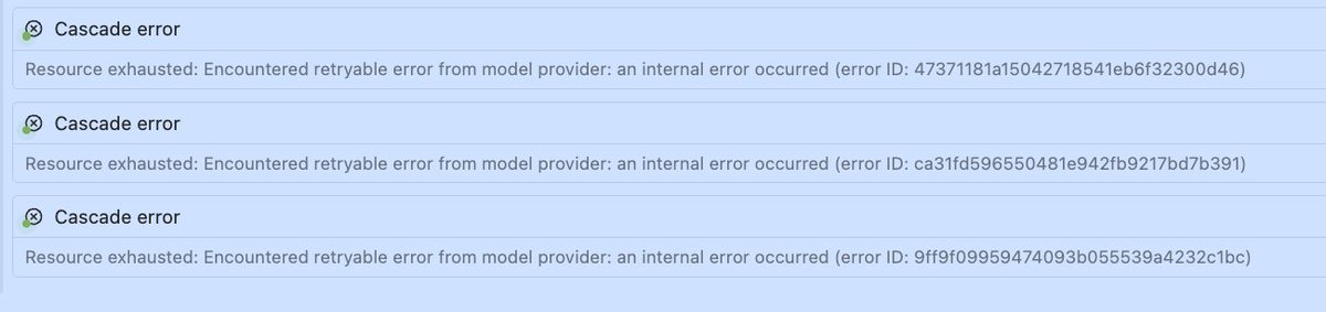 What the hell is going on with #Windsurf? It keeps breaking over and over and over again today. 

Just keep getting these cascade errors on resource exhausted.