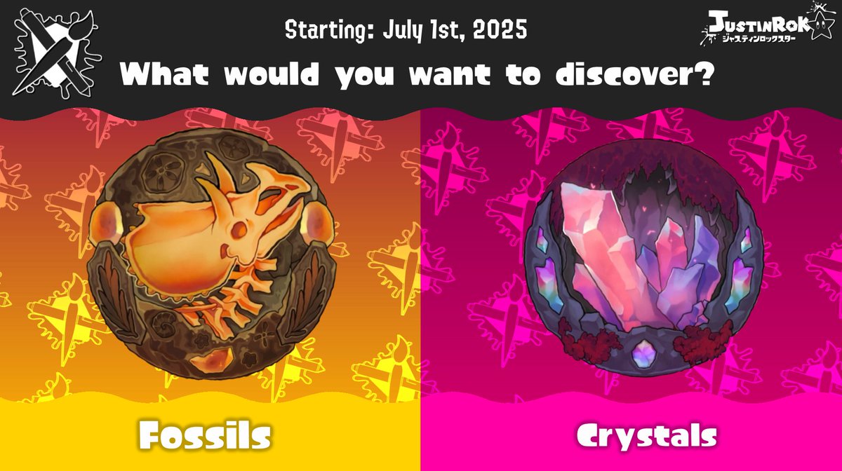 A new splatfes- err.. A new #Artfight2025 theme has been announced! Which would you rather discover? Fossils or Crystals? :3

#Splatoon