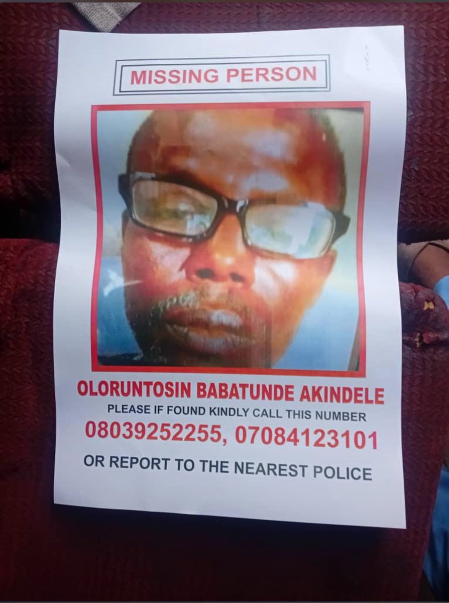 Hi Everyone if you’re seeing this please repost and tag whoever you think can help. My friend’s father is missing and we need every help we can get to locate him. ⁦<a href="/Wizarab10/">Sir Dickson</a>⁩ ⁦<a href="/jon_d_doe/">Àgbà John Doe</a>⁩ #lagos ⁦<a href="/Warepamorsammy/">WarepamorSammy</a>⁩ ⁦<a href="/ThaBoyYom/">YOM🗣️</a>⁩ ⁦<a href="/Nsukka_okpa/">Oyiga Micheal</a>⁩ #missing