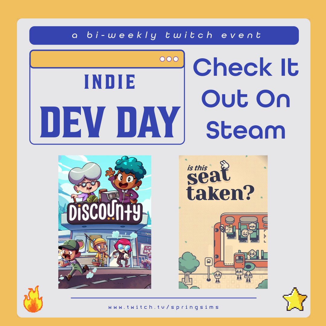 STARTING this Wednesday, June 25th @ 10 am CST, Indie Dev Day is BACK better than ever on <a href="/Twitch/">Twitch</a>!

It's where I showcase different indie games bi-weekly, so we'll be checking out:

★ Discounty 
★ is this seat taken?

Follow me on Twitch to be notified: twitch.tv/springsims