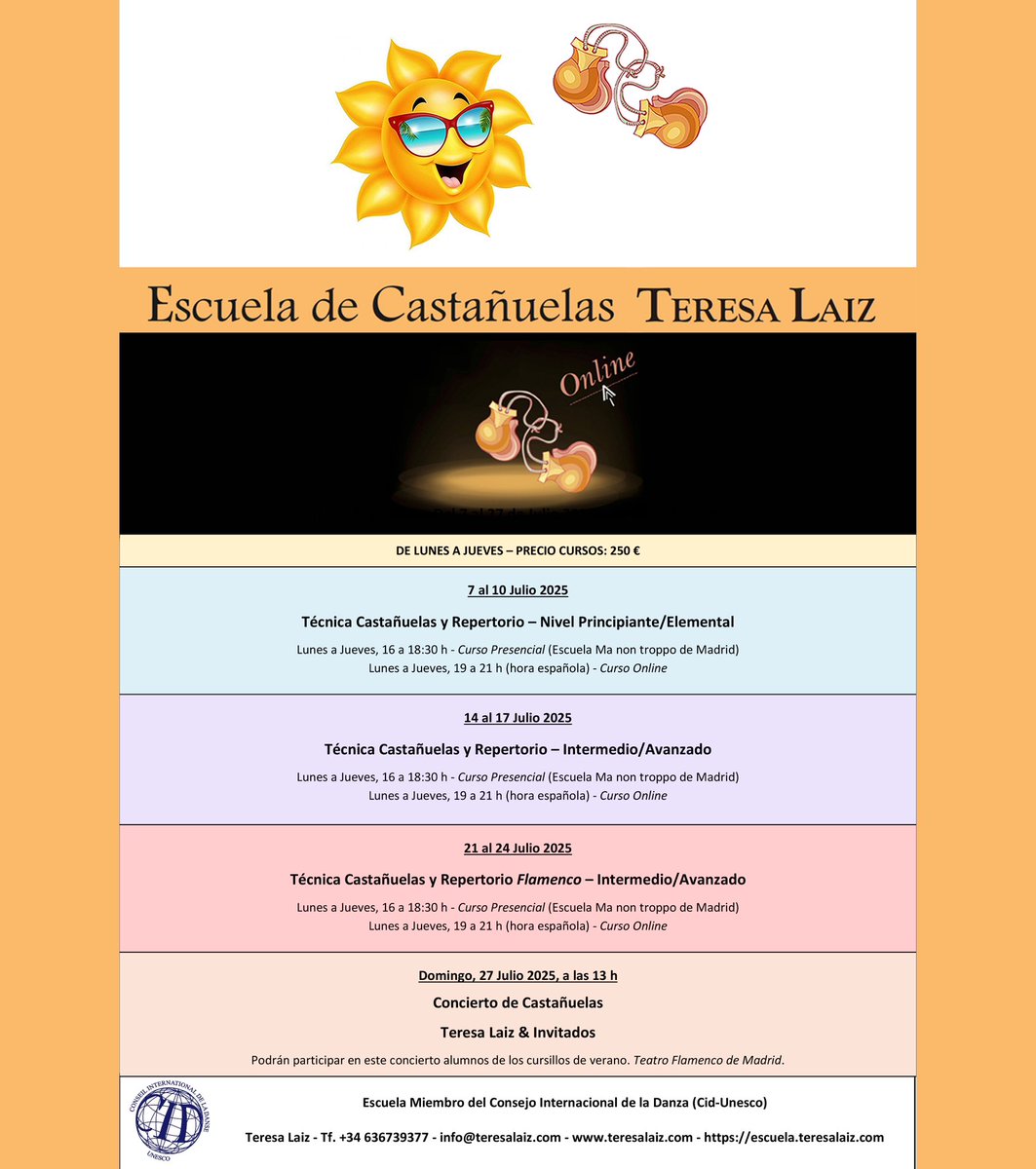 TeresaLaiz's tweet photo. #Cursillos #Intensivos de #Verano 2025: #CASTAÑUELAS. #Presencial (Madrid) y #Online. 
👉Quiero limpiar la técnica o empezar de cero, aprender nuevos toques, aprender a leer partituras de Castañuelas, matizar, hacer música... 
👉Quiero disfrutar y pasarlo bien.
Inscríbete ya!! https://t.co/b114u1or7b