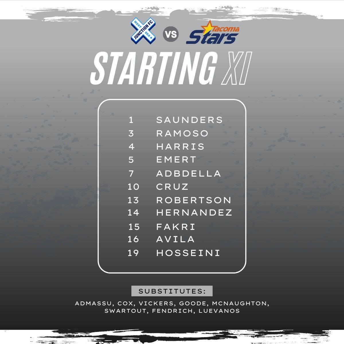 Tacoma Stars Starting XI for today's USL2 match away at West Seattle Junction. 

⚽ Kickoff is at 2pm.
📺 Catch all the action live on Sports Engine Play with kick off at 7pm.