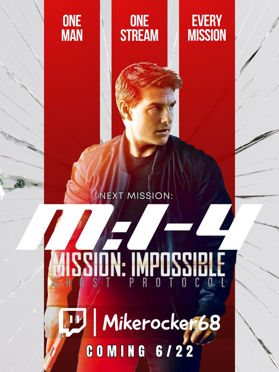 One Man. One Stream. Every Mission. (#25) Now watching: "Mission: Impossible 4 Ghost Protocol" twitch.tv/mikerocker68
