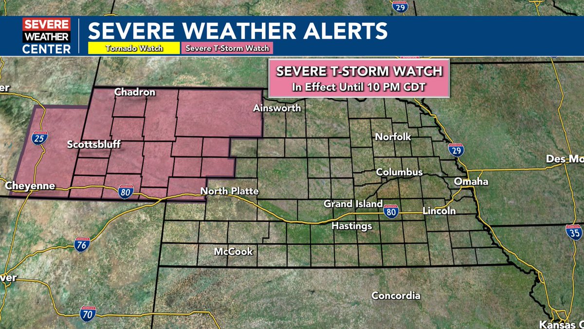 A Severe Thunderstorm Watch is now in effect until 10 PM CDT for portions of western Nebraska. Lime sized hail and 70 mph gusts are the main concerns, though a tornado cannot be ruled out either. Make sure to stay safe and weather aware this afternoon and evening.