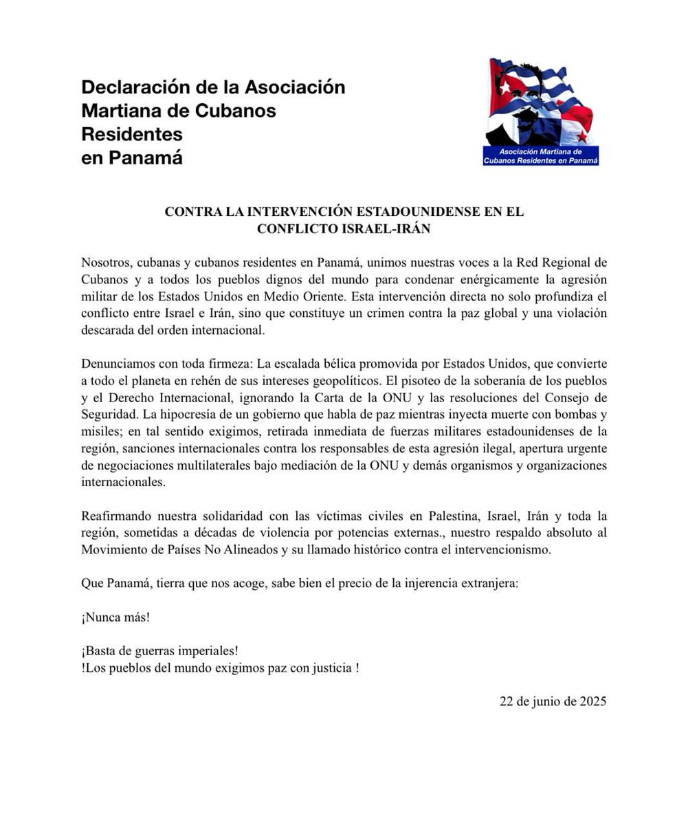 Declaración de la Asociación de Cubanos 🇨🇺 Residentes en #Panama 🇵🇦 contra la intervención estadounidense en el conflicto #Israel-#Iran

‼️Basta de Guerras imperialistas ‼️

#NoALaGuerra