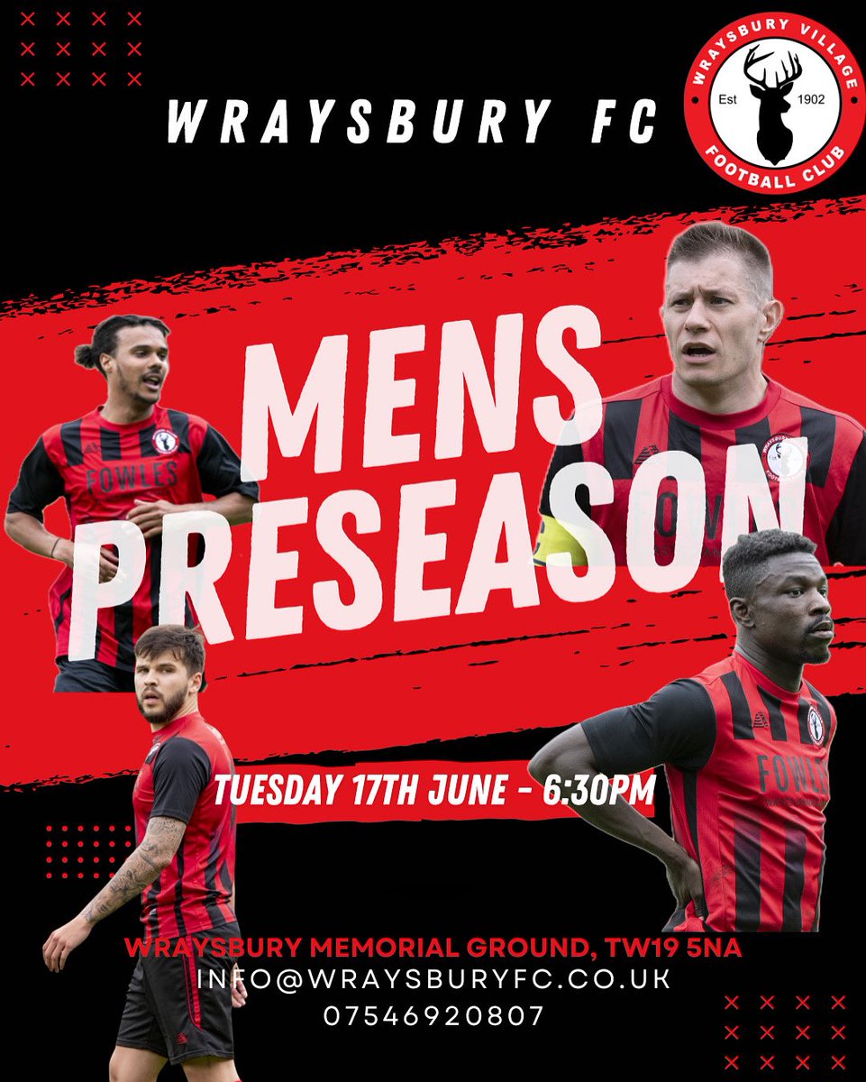 Men’s Pre Season continues this Tuesday! 🔴⚫️

Looking for some fresh faces to strengthen our successful squad for next season!

📆Tuesday evenings 
⏰6:30pm 
📍Wraysbury Memorial Ground, TW195NA.

📧 DM or email us for more info:
info@wraysburyfc.co.uk