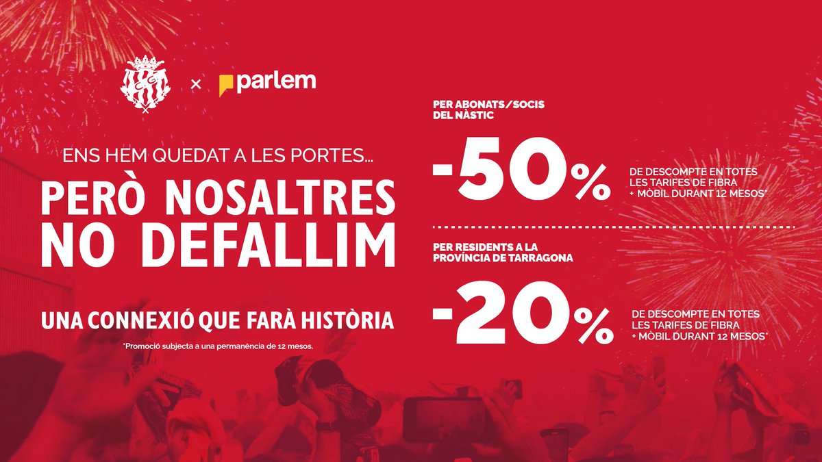 💔 Ens hem quedat a les portes... però orgullosos fins al final. 
📢 Ara més que mai, nosaltres seguim al vostre costat:

🎟️ Per a socis/abonats del <a href="/NASTICTARRAGONA/">NÀSTIC DE TARRAGONA</a>
📍 I per a residents de la província de #Tarragona

💛 <a href="/Parlem/">Parlem</a> i Nàstic, una connexió que farà història!