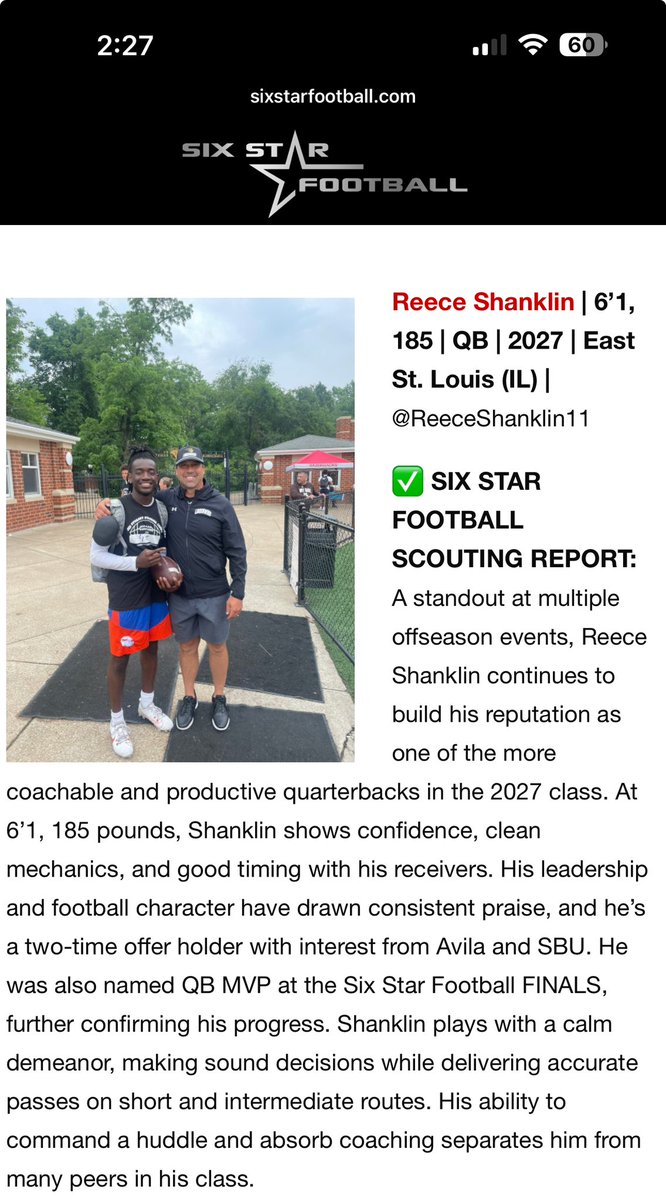 ReeceShanklin11's tweet image. Extremely thankful for the write up @sixstarfootball !! Always working🙏🏾 @coachnellyy @_CoachQue5 @Lindenwood_OC @Coach_Henson @CJheinz34 @Smith_D55 @JaredRussellMIZ @CoachRenoYale @JoeBeschorner @TerryHawthorne1 @CoachHansen_ @QBHitList @Rivals @AllenTrieu @UANextFootball