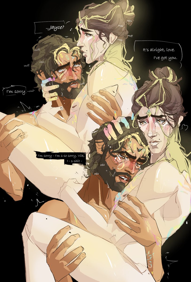 IneffInadequate's tweet image. Sorry. He cries before sex, he cries after sex, but never during sex. during sex he has a fucking job to do.
(Post-canon glow worm Jayce is periodically haunted by the time he blew a crater in his beautiful husband's chest)
inspired by the meme edited by @leo_hereee! #jayvik