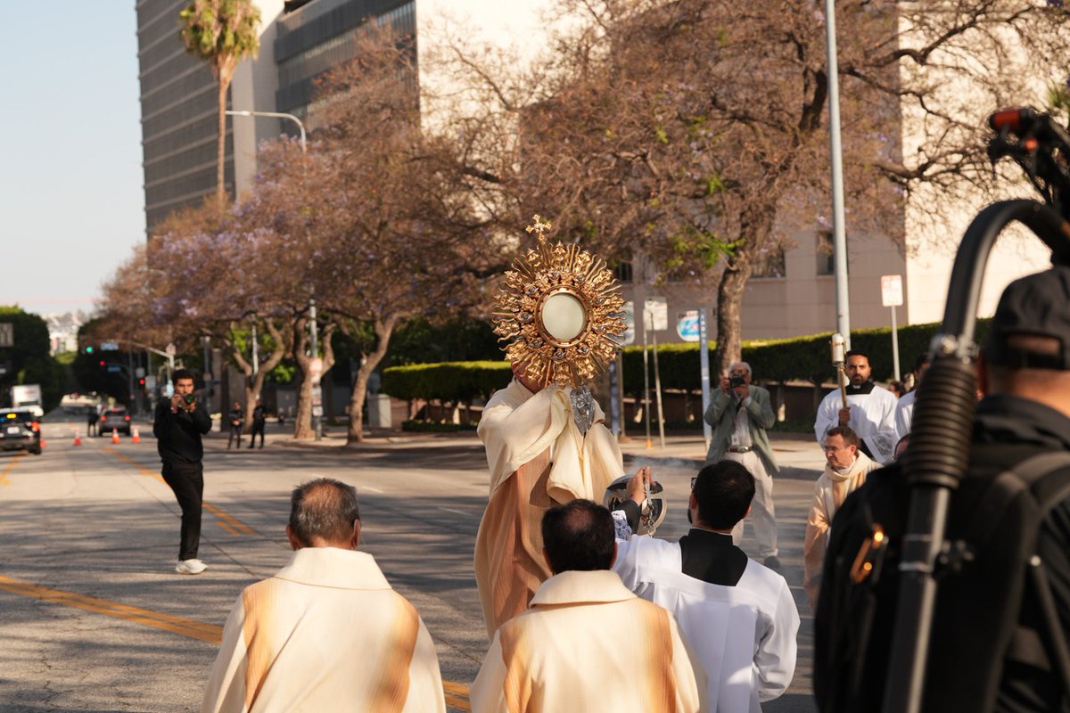 lacatholics's tweet image. Archbishop Gomez, together with Bishop Cozzens, head of the #NationalEucharisticRevival, and other bishops gathered to bless the city of #LosAngeles for peace, hope, and healing.