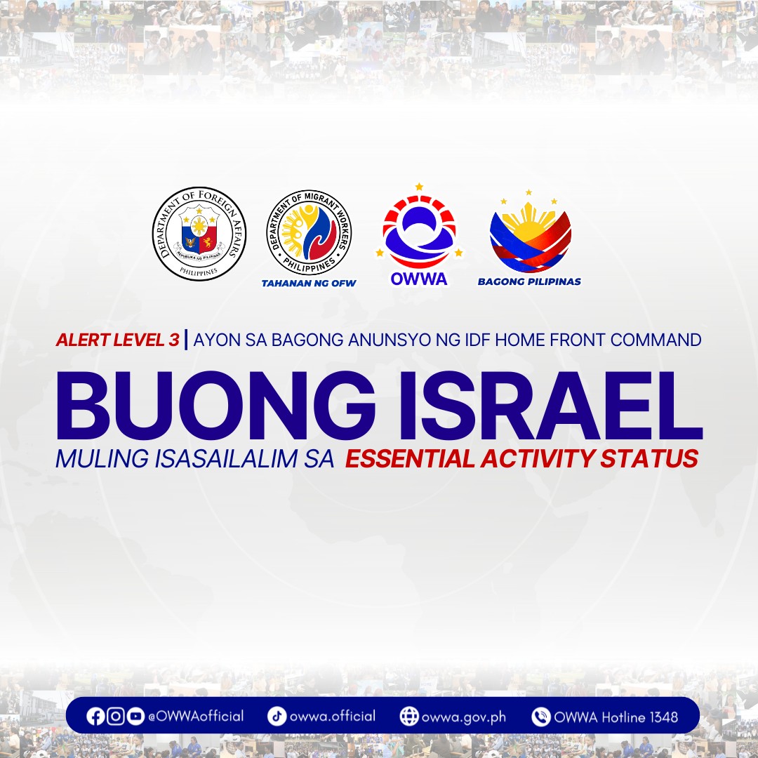 NDRRMC_OpCen's tweet photo. IRAN-ISRAEL CRISIS UPDATE | MAHALAGANG ABISO PARA SA MGA PILIPINO SA ISRAEL

Ayon sa bagong anunsyo ng IDF Home Front Command, muling isinailalim sa Essential Activity Status ang buong Israel, kasabay ng pagtaas sa Alert Level 3 bunsod ng tumitinding tensyon sa rehiyon. Dahil dito, suspendido na ang pasok sa lahat ng paaralan, ipinagbabawal ang anumang uri ng pagtitipon, at sarado ang mga trabaho maliban na lamang kung ito ay kabilang sa mga essential services.

Pinaaalalahanan ang lahat ng mga Pilipino sa Israel na manatili sa kanilang mga tahanan at laging maging handa na pumasok sa mga bomb shelter, mamad, o safe room kung sakaling may missile alert. Mahigpit ding hinihikayat ang lahat na sundin ang mga opisyal na paalala at tagubilin mula sa IDF Home Front Command, Embahada ng Pilipinas, at mga lehitimong balita.

Para sa mga nangangailangan ng agarang tulong, bukas 24/7 ang OWWA Hotline 1348. Maaari ring makipag-ugnayan sa pamamagitan ng mga sumusunod na communication channels:

✅ Viber:
+63 915 079 5005
+63 969 169 7068
+63 966 473 9543

✅ WhatsApp:
+63 966 473 9543

💬 Messenger: OWWA Operations Center (OPC)
(https://t.co/gc8VccolzN)

Para sa iba pang urgent concern, maaaring tumawag sa mga sumusunod na numero:

📍 ISRAEL – +972 54 466 1188 / +972 50 762 2590 / +972 50 715 6937
📍 LEBANON – +961 70 558 086 / +961 71 910 729
📍 JORDAN – +962 7 8149 1183 / +962 7 8259 1891
Ingat po kayo, Kabayan. Nandito ang OWWA para umalalay saanmang panig ng mundo.🙏

Source: OWWA Overseas Workers Welfare Administration

See more: https://t.co/CrMZofTYih
#NDRRMC

#BawatSegundoMahalaga