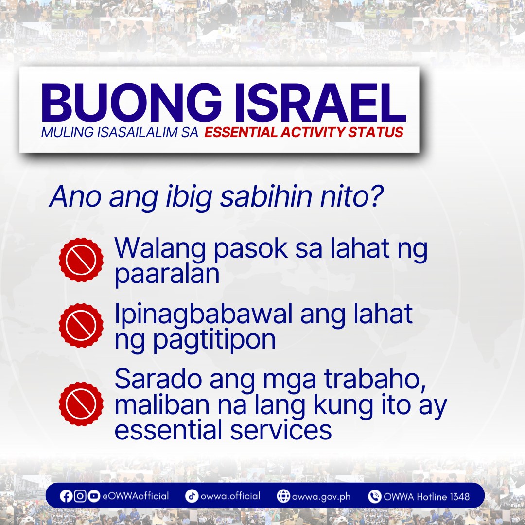 NDRRMC_OpCen's tweet photo. IRAN-ISRAEL CRISIS UPDATE | MAHALAGANG ABISO PARA SA MGA PILIPINO SA ISRAEL

Ayon sa bagong anunsyo ng IDF Home Front Command, muling isinailalim sa Essential Activity Status ang buong Israel, kasabay ng pagtaas sa Alert Level 3 bunsod ng tumitinding tensyon sa rehiyon. Dahil dito, suspendido na ang pasok sa lahat ng paaralan, ipinagbabawal ang anumang uri ng pagtitipon, at sarado ang mga trabaho maliban na lamang kung ito ay kabilang sa mga essential services.

Pinaaalalahanan ang lahat ng mga Pilipino sa Israel na manatili sa kanilang mga tahanan at laging maging handa na pumasok sa mga bomb shelter, mamad, o safe room kung sakaling may missile alert. Mahigpit ding hinihikayat ang lahat na sundin ang mga opisyal na paalala at tagubilin mula sa IDF Home Front Command, Embahada ng Pilipinas, at mga lehitimong balita.

Para sa mga nangangailangan ng agarang tulong, bukas 24/7 ang OWWA Hotline 1348. Maaari ring makipag-ugnayan sa pamamagitan ng mga sumusunod na communication channels:

✅ Viber:
+63 915 079 5005
+63 969 169 7068
+63 966 473 9543

✅ WhatsApp:
+63 966 473 9543

💬 Messenger: OWWA Operations Center (OPC)
(https://t.co/gc8VccolzN)

Para sa iba pang urgent concern, maaaring tumawag sa mga sumusunod na numero:

📍 ISRAEL – +972 54 466 1188 / +972 50 762 2590 / +972 50 715 6937
📍 LEBANON – +961 70 558 086 / +961 71 910 729
📍 JORDAN – +962 7 8149 1183 / +962 7 8259 1891
Ingat po kayo, Kabayan. Nandito ang OWWA para umalalay saanmang panig ng mundo.🙏

Source: OWWA Overseas Workers Welfare Administration

See more: https://t.co/CrMZofTYih
#NDRRMC

#BawatSegundoMahalaga