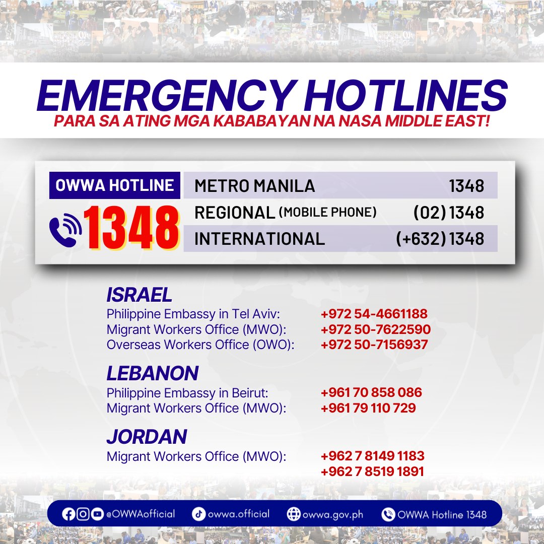 NDRRMC_OpCen's tweet photo. IRAN-ISRAEL CRISIS UPDATE | MAHALAGANG ABISO PARA SA MGA PILIPINO SA ISRAEL

Ayon sa bagong anunsyo ng IDF Home Front Command, muling isinailalim sa Essential Activity Status ang buong Israel, kasabay ng pagtaas sa Alert Level 3 bunsod ng tumitinding tensyon sa rehiyon. Dahil dito, suspendido na ang pasok sa lahat ng paaralan, ipinagbabawal ang anumang uri ng pagtitipon, at sarado ang mga trabaho maliban na lamang kung ito ay kabilang sa mga essential services.

Pinaaalalahanan ang lahat ng mga Pilipino sa Israel na manatili sa kanilang mga tahanan at laging maging handa na pumasok sa mga bomb shelter, mamad, o safe room kung sakaling may missile alert. Mahigpit ding hinihikayat ang lahat na sundin ang mga opisyal na paalala at tagubilin mula sa IDF Home Front Command, Embahada ng Pilipinas, at mga lehitimong balita.

Para sa mga nangangailangan ng agarang tulong, bukas 24/7 ang OWWA Hotline 1348. Maaari ring makipag-ugnayan sa pamamagitan ng mga sumusunod na communication channels:

✅ Viber:
+63 915 079 5005
+63 969 169 7068
+63 966 473 9543

✅ WhatsApp:
+63 966 473 9543

💬 Messenger: OWWA Operations Center (OPC)
(https://t.co/gc8VccolzN)

Para sa iba pang urgent concern, maaaring tumawag sa mga sumusunod na numero:

📍 ISRAEL – +972 54 466 1188 / +972 50 762 2590 / +972 50 715 6937
📍 LEBANON – +961 70 558 086 / +961 71 910 729
📍 JORDAN – +962 7 8149 1183 / +962 7 8259 1891
Ingat po kayo, Kabayan. Nandito ang OWWA para umalalay saanmang panig ng mundo.🙏

Source: OWWA Overseas Workers Welfare Administration

See more: https://t.co/CrMZofTYih
#NDRRMC

#BawatSegundoMahalaga