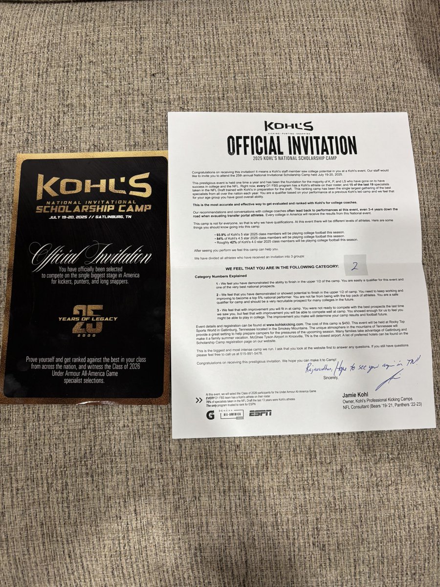 Raj Batchala (@rajbatchala) on Twitter photo Thank you Kohl’s Kicking <a href="/KohlsKicking/">Kohl's Kicking Camps</a> for the invite to the National Scholarship Camp via mail!
<a href="/AllMadden42/">Coach Madden</a> <a href="/ScottVossler/">Scott Vossler</a> <a href="/WFBulldogFB/">WestfieldBulldogFB</a> <a href="/pbrady38/">Phil Brady</a> Thank you Kohl’s Kicking <a href="/KohlsKicking/">Kohl's Kicking Camps</a> for the invite to the National Scholarship Camp via mail!
<a href="/AllMadden42/">Coach Madden</a> <a href="/ScottVossler/">Scott Vossler</a> <a href="/WFBulldogFB/">WestfieldBulldogFB</a> <a href="/pbrady38/">Phil Brady</a>