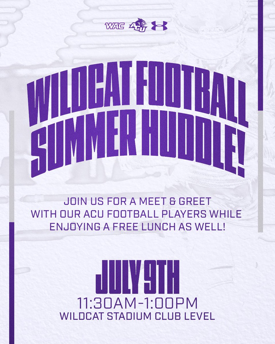 ACU Football (@acufootball) on Twitter photo ๐๐๐๐ญ ๐ฒ๐จ๐ฎ๐ซ ๐๐ข๐ฅ๐๐๐๐ญ๐ฌ!!
Join us at our summer huddle to meet your favorite Wildcat players and get free lunch!
Come on over to the Wildcat Stadium Club Level on July 9th from 11:30 - 1 p.m.๐คฉ
Register today by using the link below!!
alumniassociation.acu.edu/s/1565/16/inteโฆ
#CDT ๐๐๐๐ญ ๐ฒ๐จ๐ฎ๐ซ ๐๐ข๐ฅ๐๐๐๐ญ๐ฌ!!
Join us at our summer huddle to meet your favorite Wildcat players and get free lunch!
Come on over to the Wildcat Stadium Club Level on July 9th from 11:30 - 1 p.m.๐คฉ
Register today by using the link below!!
alumniassociation.acu.edu/s/1565/16/inteโฆ
#CDT