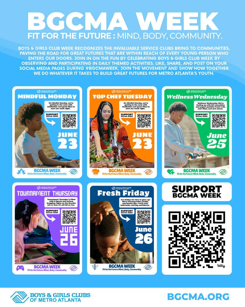 BGCMA Week starts tomorrow! We’re celebrating the mind, body, and community work shaping Metro Atlanta’s youth. From mindfulness to tournaments, see how our Clubs help kids grow. Use #BGCMAWeek to support or give at give.bgcma.org/campaign/65949…