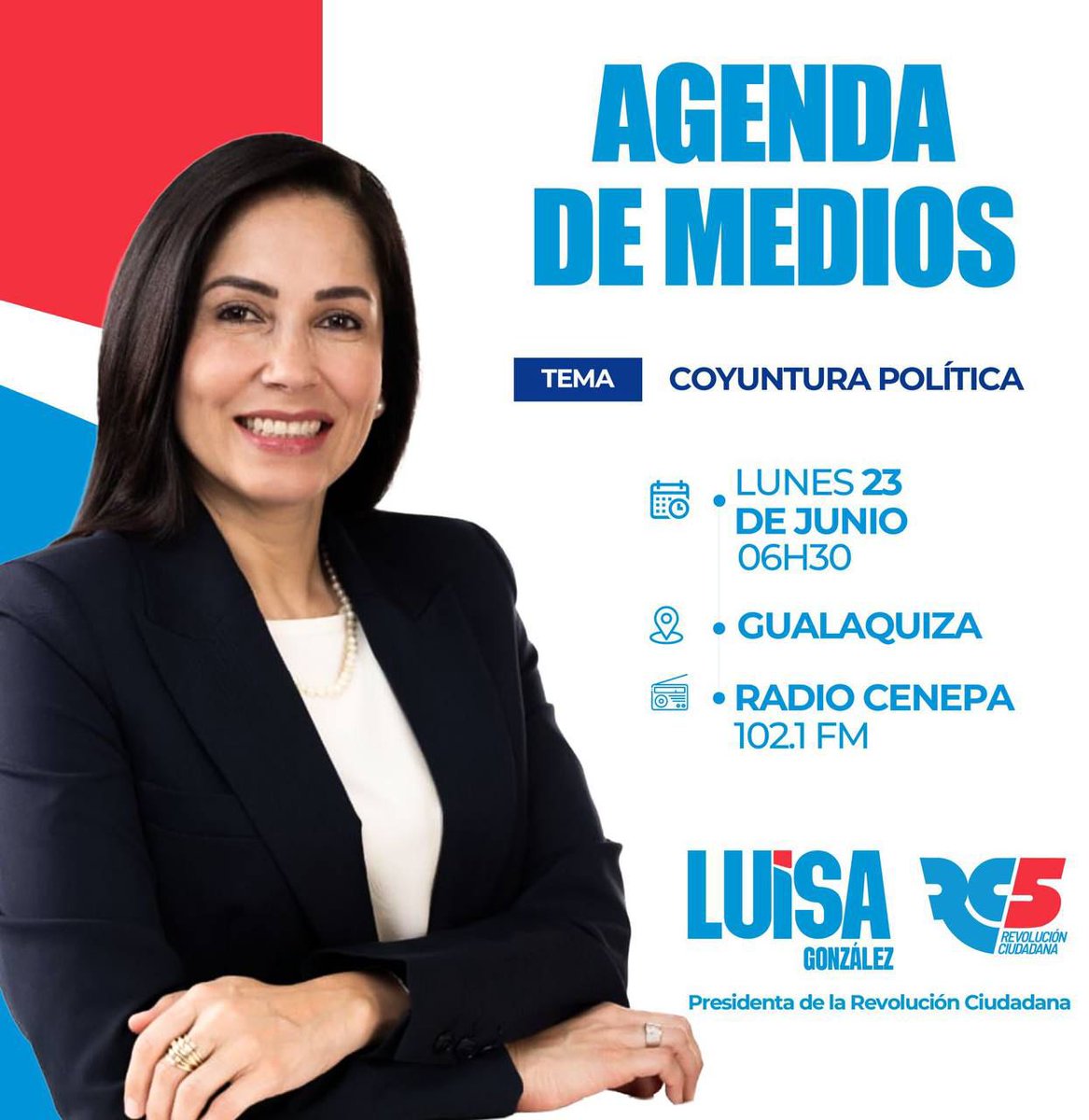 rc5ricaurte's tweet photo. 📌#LuisaEnMedios | Este lunes, acompañemos a @LuisaGonzalezEc en su recorrido por medios en el que hablará sobre temas de coyuntura política e interés nacional.

🗓️ 23 / Junio
⏰ 06h30
📻 Radio Cenepa 102.1 FM https://t.co/jx3EHmOBt6