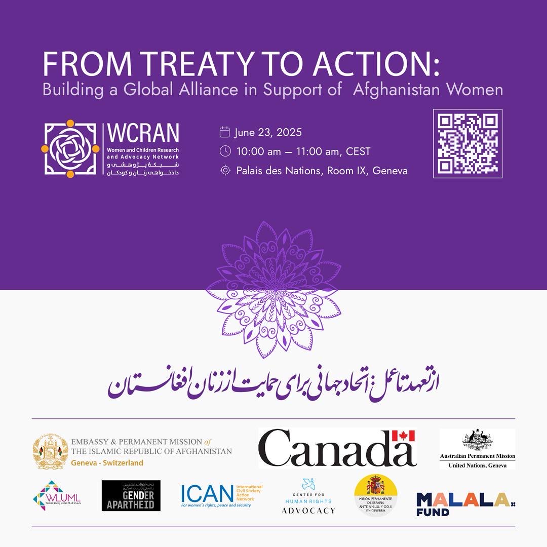EGACampaign's tweet image. TOMORROW | 10:00AM CET
Join us for the upcoming event with @WCRAN_ORG in advance of the CEDAW review, “From Treaty to Action: Building a Global Alliance in Support of Afghan Women.”
Register now to join us in person: indico.un.org/event/1018435/