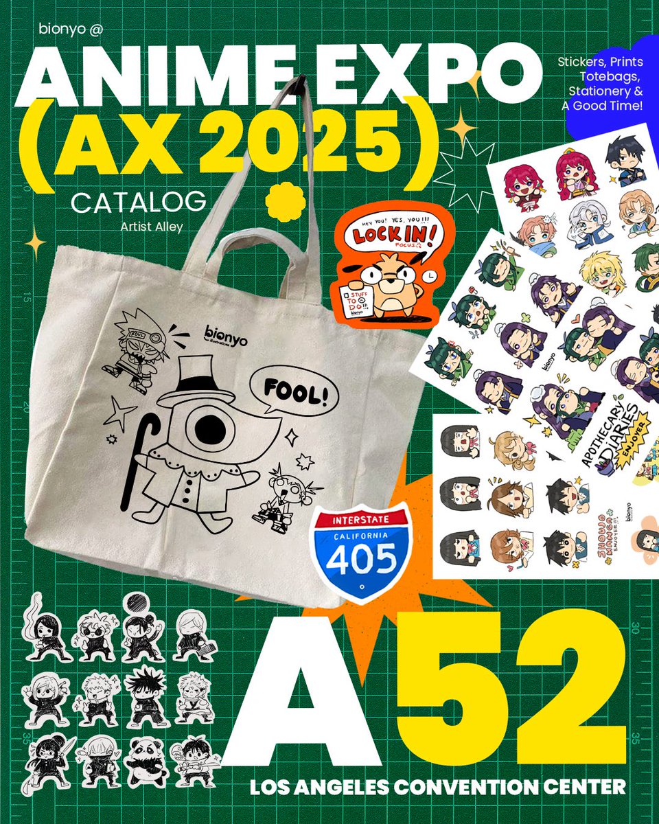 bionyooo's tweet photo. HELLO!!! may i present to you… my AX catalog ! coming back to LA with a lot of new items ☝🏼🌸 

made a lot of new stickers of my favorite shows! do you recognize any of them? hehe 

#AX2025ArtistAlley #AXArtistAlley2025 #AXArtistAlley #AX2025 #AnimeExpo https://t.co/We5UHCtOut