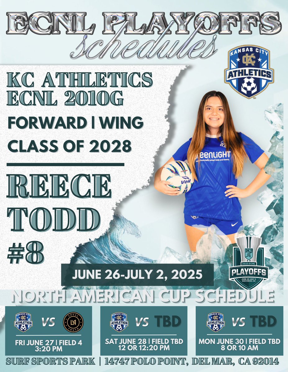 Reece Todd • #8 • ECNL • 2028 (@reecetoddsoccer) on Twitter photo Let’s Go! I’m so grateful to play with my <a href="/KCAECNL2010g/">KC Athletics Academy Elite 2010 ECNL</a> team in San Diego for <a href="/TheECNL/">The ECNL</a> Playoffs!
<a href="/AthleticsKC/">KC Athletics Soccer Club</a> <a href="/ECNLgirls/">ECNL Girls</a> <a href="/MarcusKelcher/">Marcus Kelcher</a> <a href="/ImYouthSoccer/">ECNL/GA/Recruiting/College Soccer</a> <a href="/ImCollegeSoccer/">College Soccer Truth ™</a> <a href="/TopDrawerSoccer/">TopDrawerSoccer</a> <a href="/PrepSoccer/">Prep Soccer ⚽️</a> <a href="/TheSoccerWire/">SoccerWire</a> Let’s Go! I’m so grateful to play with my <a href="/KCAECNL2010g/">KC Athletics Academy Elite 2010 ECNL</a> team in San Diego for <a href="/TheECNL/">The ECNL</a> Playoffs!
<a href="/AthleticsKC/">KC Athletics Soccer Club</a> <a href="/ECNLgirls/">ECNL Girls</a> <a href="/MarcusKelcher/">Marcus Kelcher</a> <a href="/ImYouthSoccer/">ECNL/GA/Recruiting/College Soccer</a> <a href="/ImCollegeSoccer/">College Soccer Truth ™</a> <a href="/TopDrawerSoccer/">TopDrawerSoccer</a> <a href="/PrepSoccer/">Prep Soccer ⚽️</a> <a href="/TheSoccerWire/">SoccerWire</a>