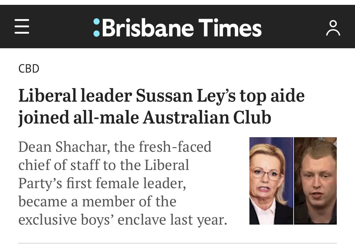 RebeccaJFanning's tweet photo. I’m sure Sussan Ley’s chief-of-staff will get lots of great ideas about how the Liberals can appeal more to women when he’s hanging out at this “private gentlemen’s club”. 🙄

The Australian Club literally describes itself as “a timeless sanctuary providing respite from the bustling modern world.”