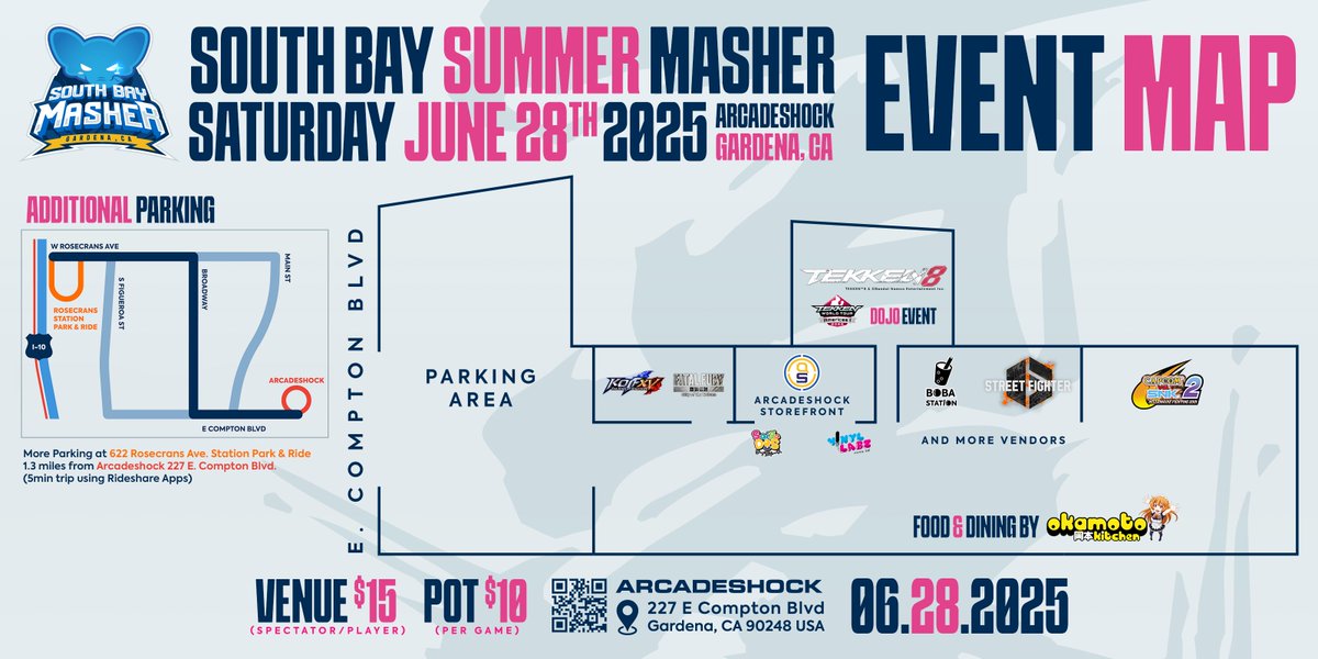 SOUTH BAY SUMMER MASHER EVENT MAP

Saturday, June 28th

📌 Pre-register now: start.gg/SBSUMMERMASHER

We should have plenty of parking for everyone, but please try to carpool if you can.  It'll make it easier for everyone to park without having to double park

Let's get some