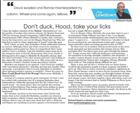 Time #Barbados had a serious reckoning on #race #inequality #decolonializing. #Racism cloaked in wit is still racism. Hoad’s “Little England’s haerenga to Little Africa” was racist drivel. Doubling down,"Don’t duck, Hoad, take your licks," proves the point facebook.com/share/p/19AttD…