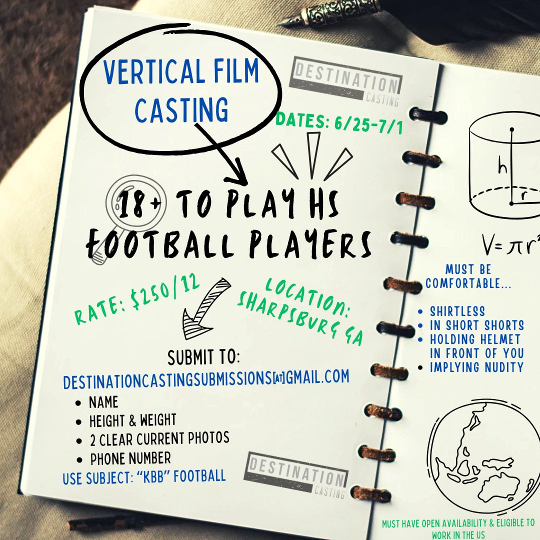 CastDestination's tweet image. NOW CASTING GUYS 18+ to play HS FOOTBALL PLAYERS! 
*Must be comfortable shirtless, in short shorts, implying nudity! 
This one has very minimal BG so please only submit if you can commit! Sharpsburg GA! Destinationcastingsubmissions@gmail.com #casting #destinationcasting