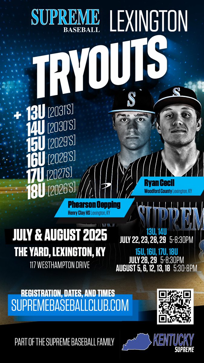 Supreme Baseball Club (@sbcnation) on Twitter photo 13u 14u Kentucky Supreme and 15u 16u 17u 18u Supreme Baseball National Tryouts in Lexington Kentucky start July 22nd Preregister here
13-14u
supremebaseballclub.com/kentucky-supre…
15,16,17,18
supremebaseballclub.com/supreme-baseba…
<a href="/SBCNationScout/">Supreme Baseball Scouting</a> <a href="/PennSupreme/">Pennsylvania Supreme Baseball</a> <a href="/KentuckySuBase/">Kentucky Supreme Baseball</a> <a href="/WVSupreme/">West Virginia Supreme Baseball</a> <a href="/OhioSupreme/">Ohio Supreme Baseball</a> 13u 14u Kentucky Supreme and 15u 16u 17u 18u Supreme Baseball National Tryouts in Lexington Kentucky start July 22nd Preregister here
13-14u
supremebaseballclub.com/kentucky-supre…
15,16,17,18
supremebaseballclub.com/supreme-baseba…
<a href="/SBCNationScout/">Supreme Baseball Scouting</a> <a href="/PennSupreme/">Pennsylvania Supreme Baseball</a> <a href="/KentuckySuBase/">Kentucky Supreme Baseball</a> <a href="/WVSupreme/">West Virginia Supreme Baseball</a> <a href="/OhioSupreme/">Ohio Supreme Baseball</a>