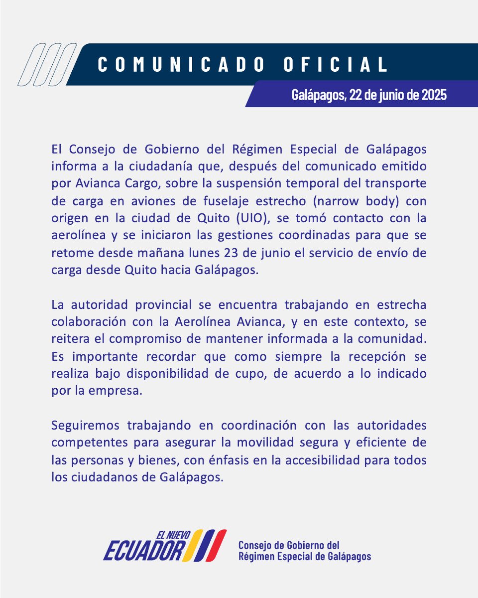 #IMPORTANTE | A partir del lunes 23 de junio, se reanudará el envío de carga desde Quito hacia las Islas Galápagos, tras gestiones coordinadas con Avianca Cargo.