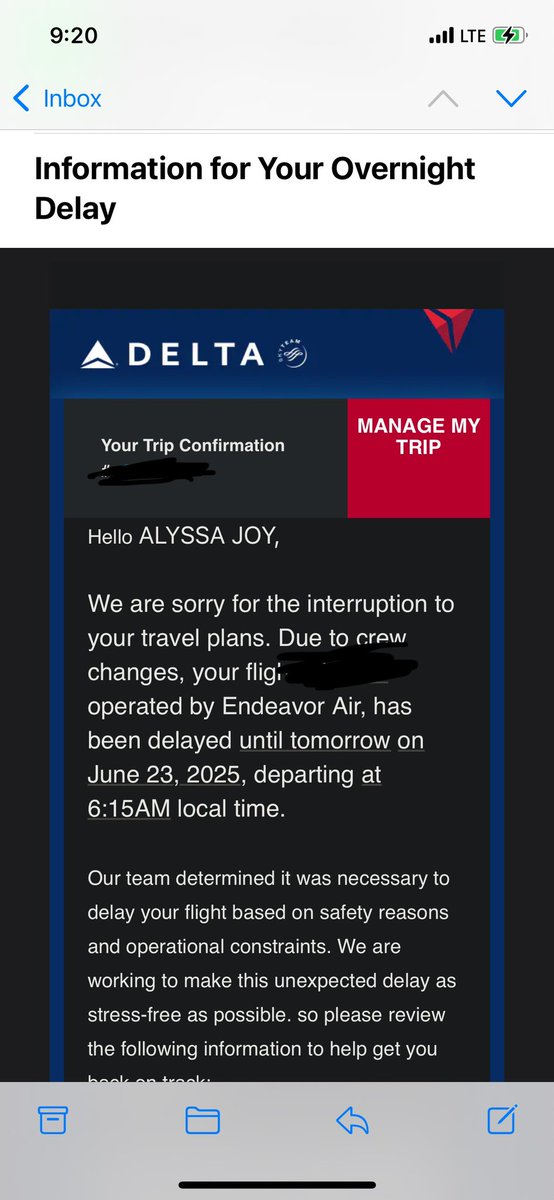 AlyssaVasko's tweet photo. @Delta how can you call moving a flight from 9:30pm one day to 6:15am the next day a “delay”? and no refunds or credits are being offered even for hotel? you’re just asking for extremely grumpy customers https://t.co/1DvWrMm5Cy