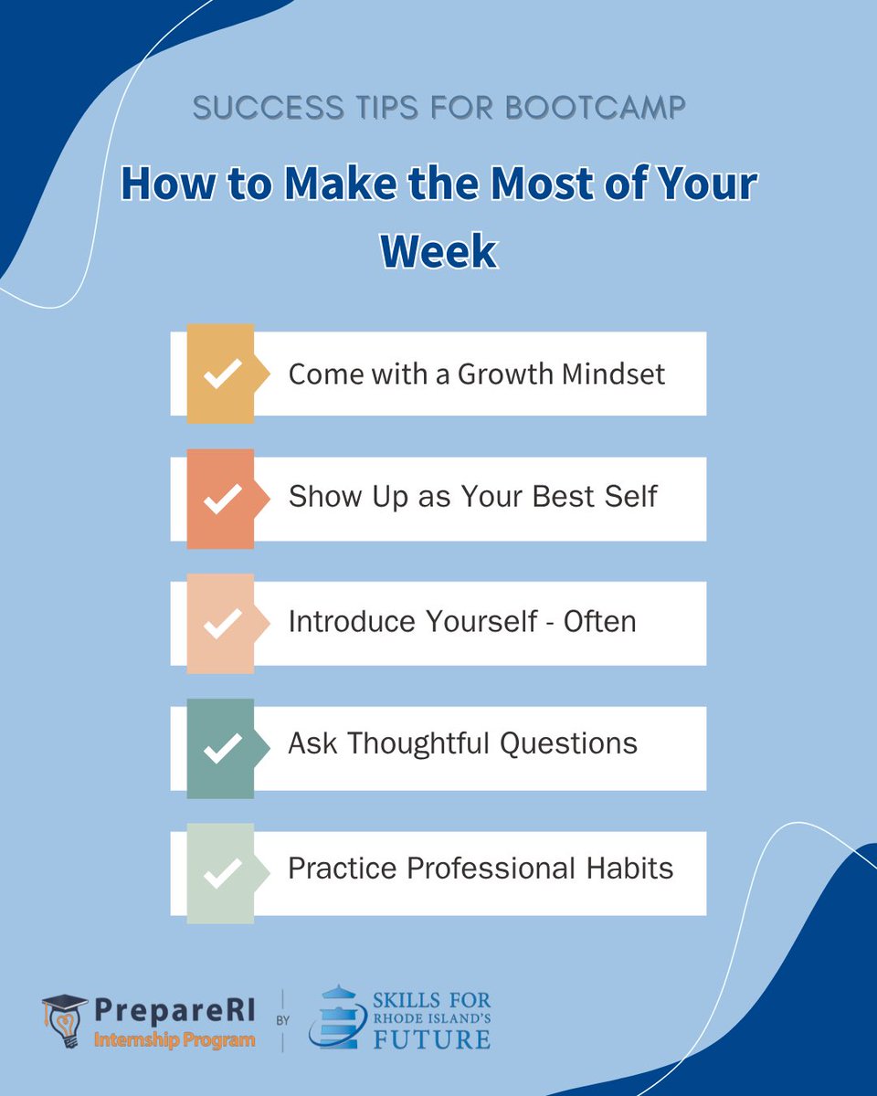 RIinterns's tweet photo. 🚀 Tomorrow kicks off #PrepareRI’s READY. SET. WORK! Bootcamp Week!
High school interns will build skills to succeed on the job — and beyond.

✨ Tip #1: Show up with the right mindset. Lean into your strengths. Build lasting habits.

#PrepareRI25 #SkillsRI #BootcampTips https://t.co/QL4U0SNvLk