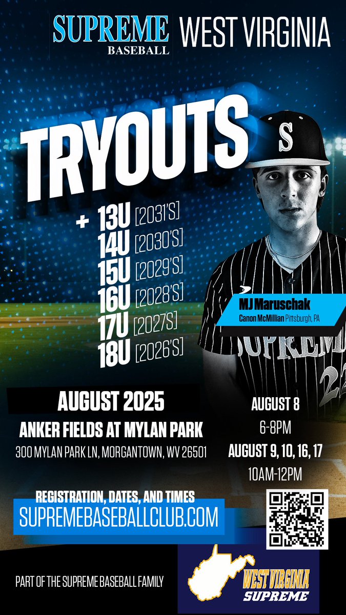Supreme Baseball Club (@sbcnation) on Twitter photo Supreme National 15u-18u & 13u, 14u Penn Supreme/West Virginia Supreme Tryouts in Pittsburgh PA & Morgantown WV start Aug 5th …egister13u-14usupremebaseballclub.com/pennsylvania/. 15u 16u 17u 18u supremebaseballclub.com/supreme-baseba…
<a href="/SBCNationScout/">Supreme Baseball Scouting</a> <a href="/PennSupreme/">Pennsylvania Supreme Baseball</a> <a href="/KentuckySuBase/">Kentucky Supreme Baseball</a> <a href="/WVSupreme/">West Virginia Supreme Baseball</a> <a href="/OhioSupreme/">Ohio Supreme Baseball</a> <a href="/TopProspectsTF/">Top Prospects Training Facility</a> Supreme National 15u-18u & 13u, 14u Penn Supreme/West Virginia Supreme Tryouts in Pittsburgh PA & Morgantown WV start Aug 5th …egister13u-14usupremebaseballclub.com/pennsylvania/. 15u 16u 17u 18u supremebaseballclub.com/supreme-baseba…
<a href="/SBCNationScout/">Supreme Baseball Scouting</a> <a href="/PennSupreme/">Pennsylvania Supreme Baseball</a> <a href="/KentuckySuBase/">Kentucky Supreme Baseball</a> <a href="/WVSupreme/">West Virginia Supreme Baseball</a> <a href="/OhioSupreme/">Ohio Supreme Baseball</a> <a href="/TopProspectsTF/">Top Prospects Training Facility</a>