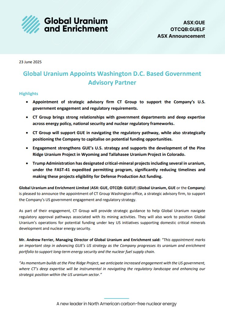 $GUE is pleased to announce the appointment of CT Group Washington office, a strategic advisory firm, to support the Company’s US government engagement and regulatory strategy.

See announcement: bit.ly/44edJcP