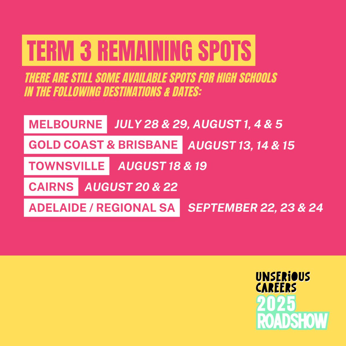 Secondary schools – highly recommend Alana Kilmartin’s Unserious Careers talk. It’s been meeting and exceeding the high bar set by students around the country. I’d be jumping onto any of these dates if I was you. Apply here: lnkd.in/gcXPqU8d