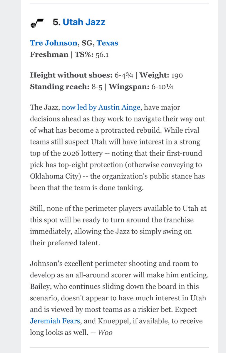 JazzNationNews's tweet photo. An updated DraftExpress/ESPN mock draft has #UtahJazz drafting
5) Tre Johnson
21) Cedric Coward
43) Tyrese Proctor, PG
53) Dink Pate, SG/SF
Full mock 👉 https://t.co/0Z4Z00Ef67
.
.
#JazzNation #NBADraft #TakeNote
#NBADraft2025 #ESPN #DraftExpress https://t.co/YM1dolpq5h