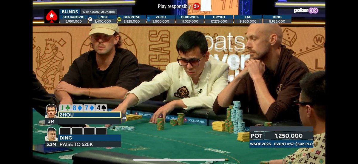 I just finished 8th in the $50k PLO WSOP event, very happy with the result of course, but when I watched back the stream some very suspicious happened on the first hand after the break that happened before the final table.

Ding opens the cutoff and Zhou finds the “creative” 3