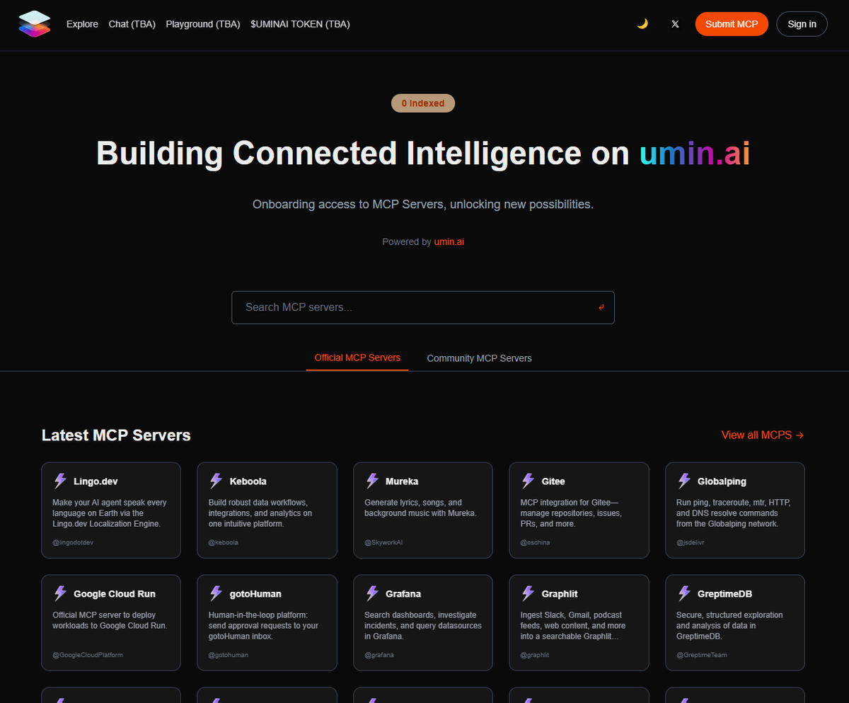 umin_ai's tweet photo. 📢 uminai MCP just turned AI-tool chaos into plug-and-play magic, and our brand-new uminai MCP Server Directory is here to light the way.

Before MCP, each LLM/agent lived in its own silo, wiring custom glue for every external tool.
M apps × N tools = M × N brittle integrations, endless boilerplate, 💸 dev hours.

Enter Model Context Protocol (MCP): 
one spec, one handshake, infinite compatibility.
Ship a single MCP server for your tool → any compliant agent can call it instantly.

🚀 What we’re shipping today:
https://t.co/oVjZIFvOhD (alpha stage) - the open, living index of public MCP servers.

Feature:
🔍 Discover servers for data wrangling, DevOps, creative tooling, IoT, and more.
⚡ Upcoming: Publish your own in minutesm, no bespoke SDKs required.
🤝 Connect any LLM or autonomous agent with a copy-paste endpoint.
🛠️ Coming soon: MCP × Web3

We’re already baking servers that let agents:
- Sign & send on-chain transactions 🪙
- Fetch blockchain data into the playground
- Tap into DeFi trading with MCP 📊
- Smart contracts will feel as reachable as a REST call, same protocol, next-level power.

Try the alpha: https://t.co/Om7wDlr8aW
Follow @umin_ai. We're evolving.

Retweet and stand a chance to get whitelisted for our upcoming campaign!

#MCP #LLM #Web3 #OpenSource