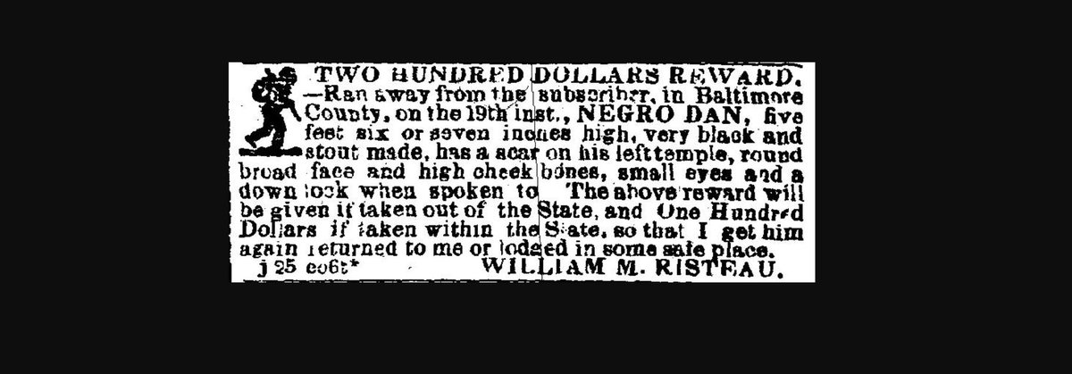FromSlaves's tweet photo. In June 1850, I ran from “Risteau’s Fancy,” the Baltimore County, MD farm of William M. Risteau; I was still free in September 1850. I might have been able to start a new life in Baltimore or I might have gone north. My name was DAN. #blackhistory #freedomseekers https://t.co/MCNIcba6Ao