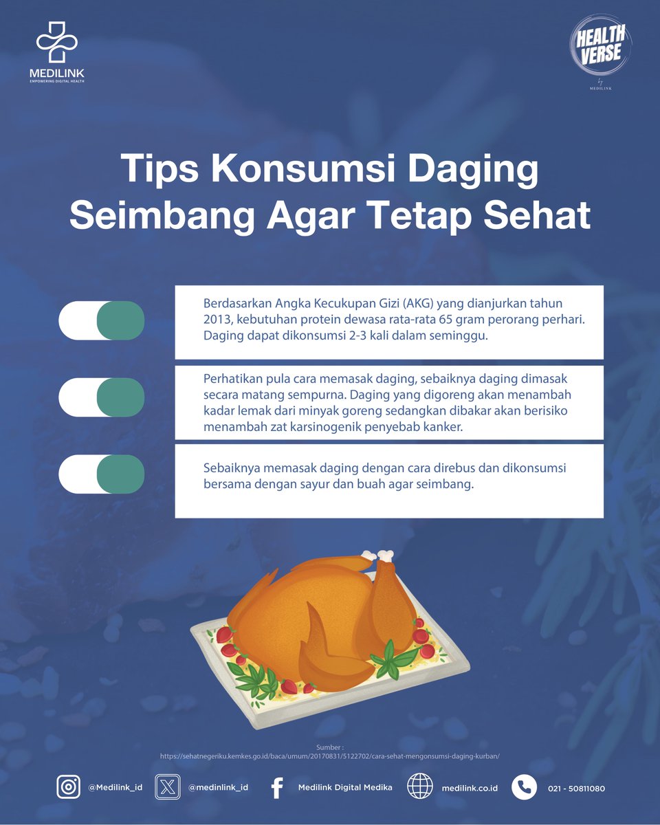 Medilink_ID's tweet photo. Makan daging bukan musuh dari gaya hidup sehat, asal kita bisa mengaturnya dengan baik. Daging mengandung banyak manfaat, tapi terlalu banyak bisa berdampak negatif. Jadi, yuk makan daging dengan cara yang cerdas!

#MedilinkInfo https://t.co/HS4ABvE61h