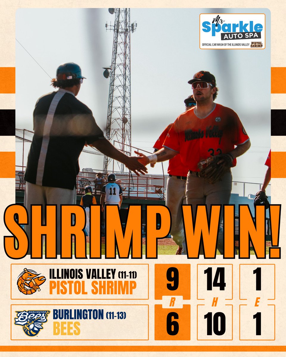 SHRIMP WIN! 🦐

The Pistol Shrimp defeat the Bees 9-6 in game two!

The Shrimp and Bees battle in another DH on Tuesday! #FearTheClaw

presented by Mr. Sparkle Auto Spa!
